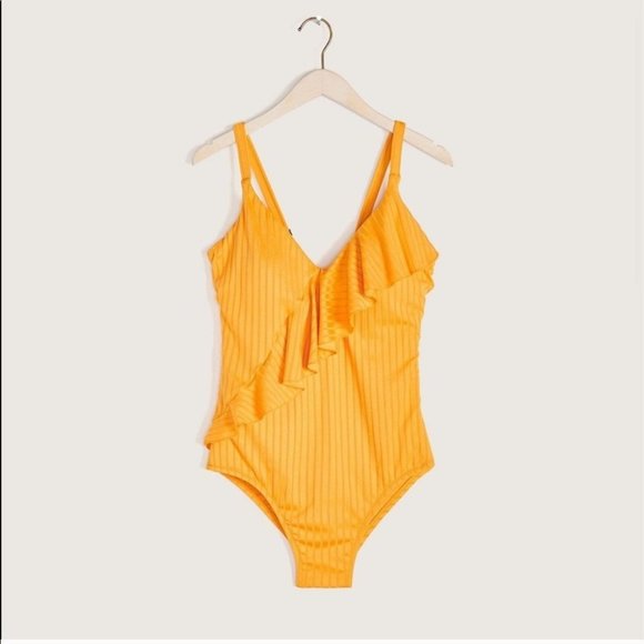Everyday Sunday Women Yellow One-Piece Ruffle Ribbed Swimsuit Plus Size 3X - Picture 1 of 7